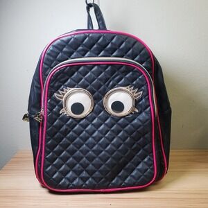 Betsey Johnson Googly Moogle Eyes Backpack Black Quilted Monster Kidcore Cosplay